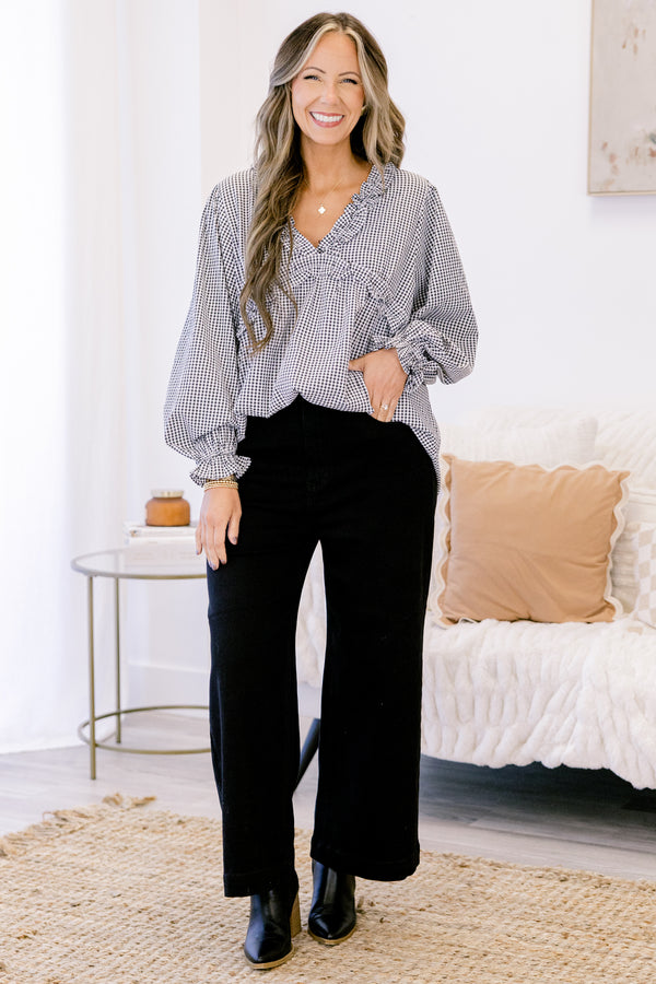 Chic Soul plus size clothing, black high rise straight leg jeans with finished hem