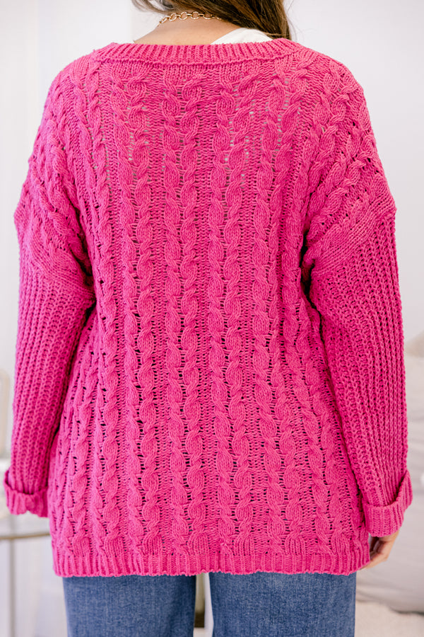 Chic Soul plus size clothing, bright pink chunky knit long sleeve oversized sweater