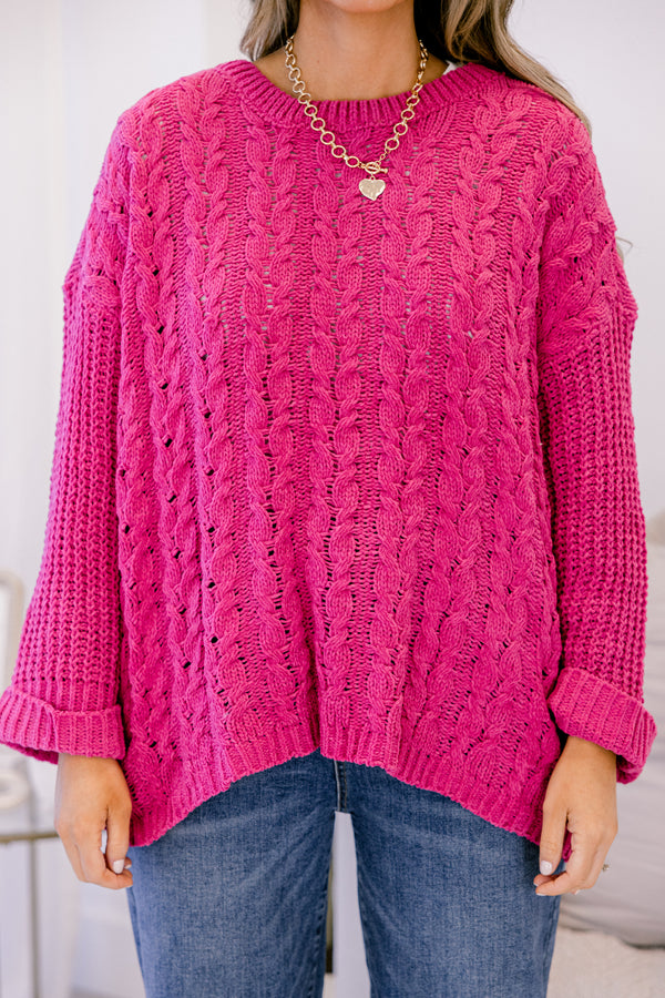 Chic Soul plus size clothing, bright pink chunky knit long sleeve oversized sweater