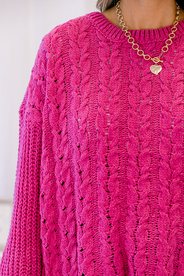 Chic Soul plus size clothing, bright pink chunky knit long sleeve oversized sweater