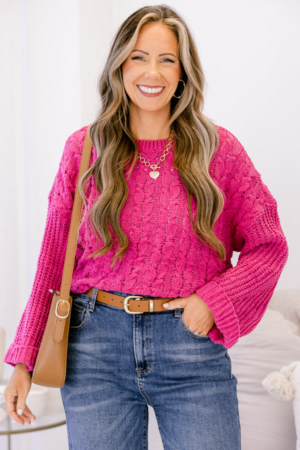 Chic Soul plus size clothing, bright pink chunky knit long sleeve oversized sweater