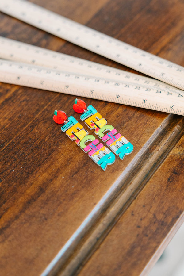 Colorful acrylic drop earrings spelling TEACHER with apple studs