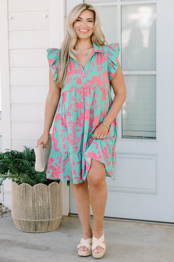 Chic Soul Plus size clothing, short tiered dress with pink an teal floral details and flutter sleeves 