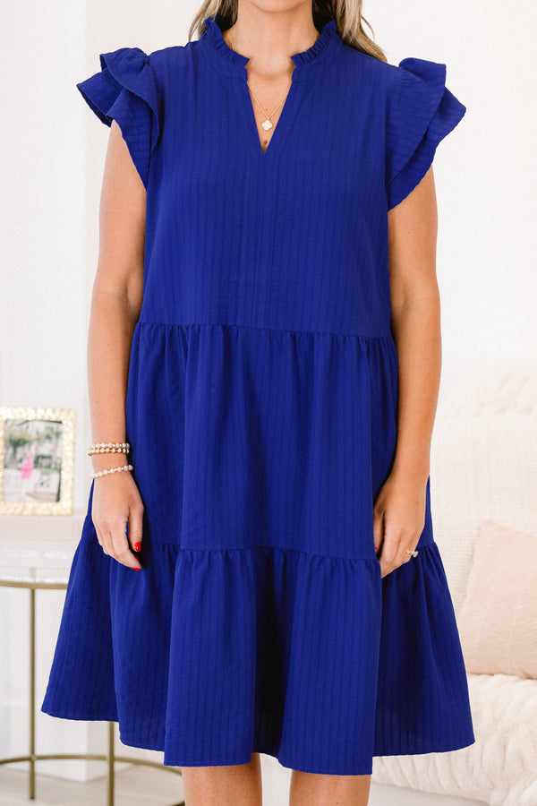 Chic Soul plus size clothing, blue short sleeve tiered mini dress with v cutout along neckline with ruffle detail on sleeves