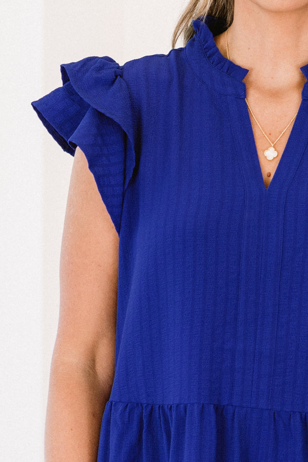 Chic Soul plus size clothing, blue short sleeve tiered mini dress with v cutout along neckline with ruffle detail on sleeves