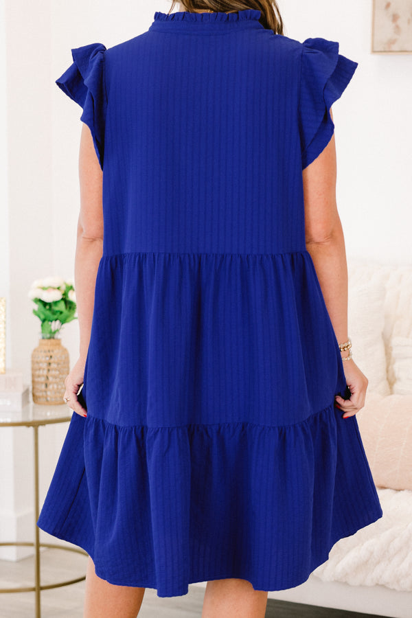 Chic Soul plus size clothing, blue short sleeve tiered mini dress with v cutout along neckline with ruffle detail on sleeves