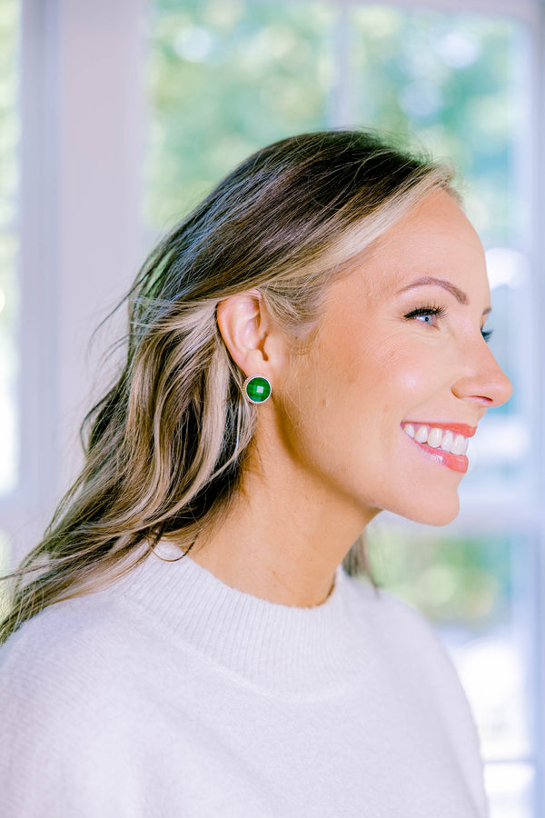 Chic Soul plus size clothing, green round gemstone stud earrings outlined in gold