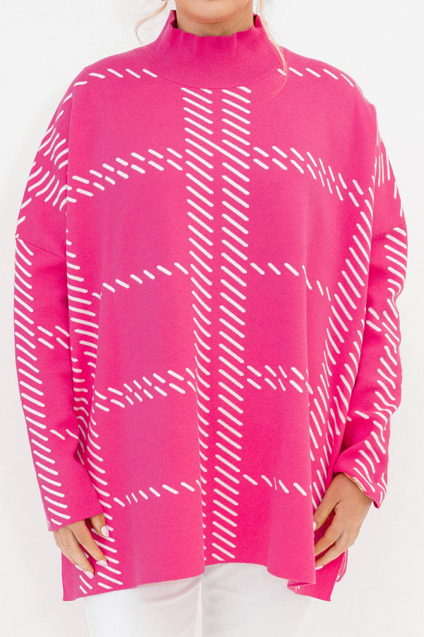 Chic Soul plus size clothing, pink sleeve sweater that has a turtle neck as well a line plaid pattern 