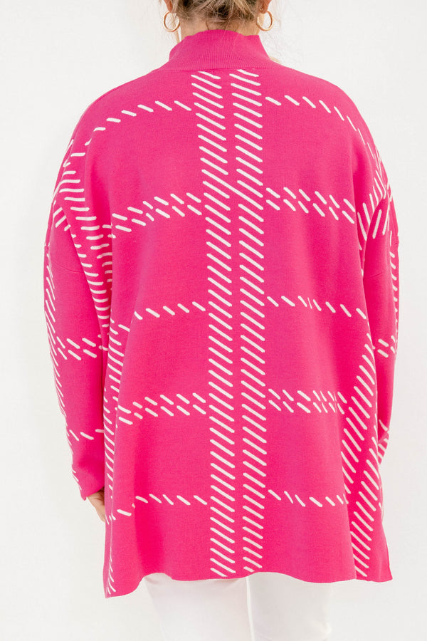 Chic Soul plus size clothing, pink sleeve sweater that has a turtle neck as well a line plaid pattern 
