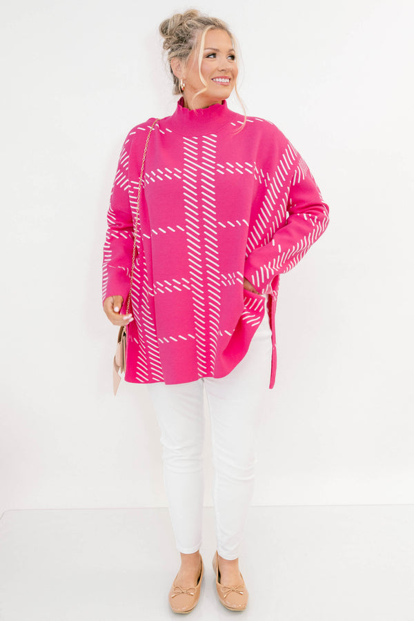 Chic Soul plus size clothing, pink sleeve sweater that has a turtle neck as well a line plaid pattern 