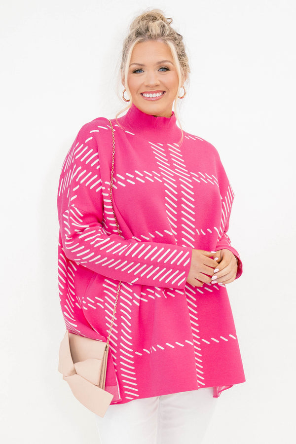 Chic Soul plus size clothing, pink sleeve sweater that has a turtle neck as well a line plaid pattern 