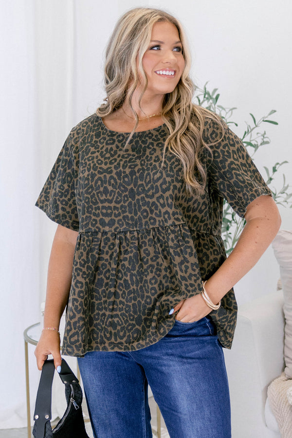 Chic Soul plus size clothing, brown leopard print short sleeve baby doll top
