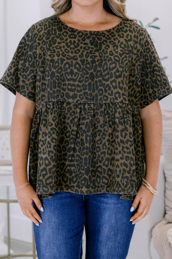Chic Soul plus size clothing, brown leopard print short sleeve baby doll top