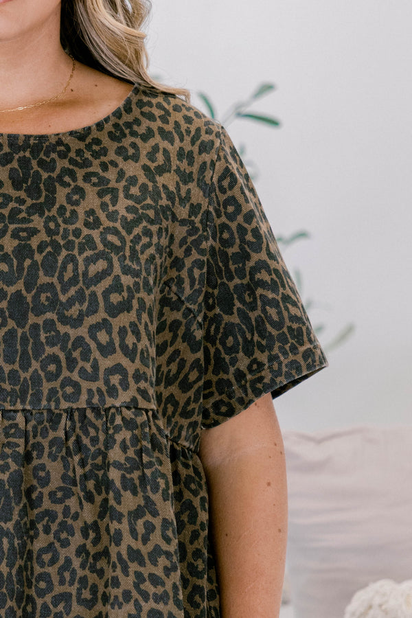 Chic Soul plus size clothing, brown leopard print short sleeve baby doll top