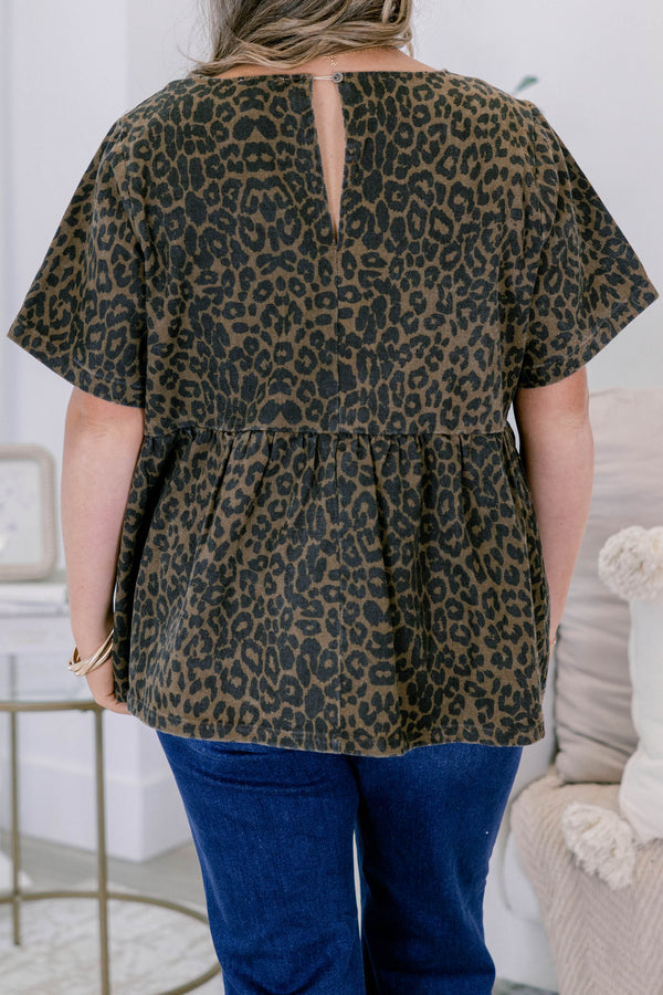 Chic Soul plus size clothing, brown leopard print short sleeve baby doll top