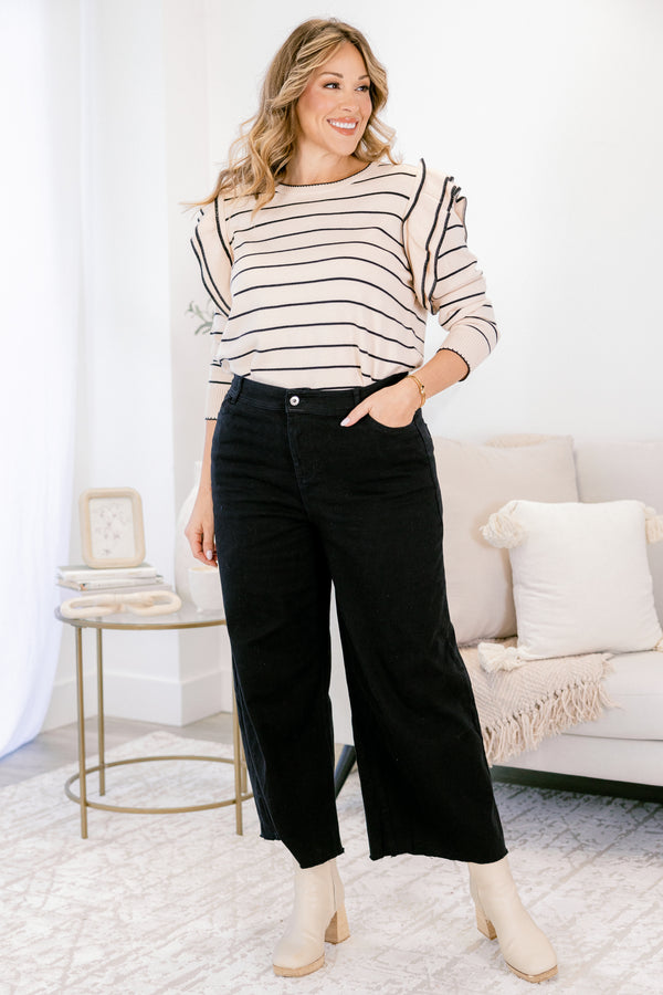 Chic Soul plus size clothing, black slightly cropped flare jeans with two front pockets
