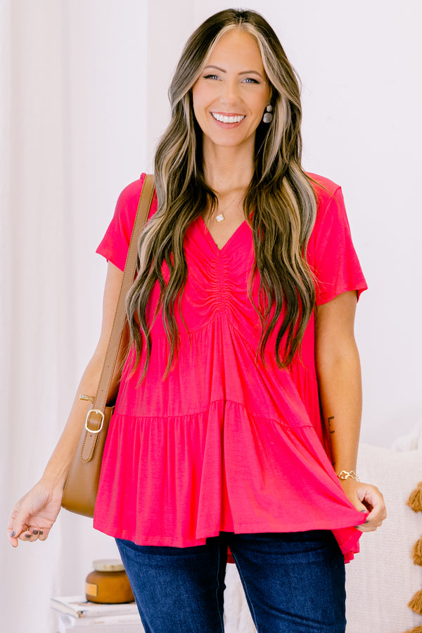 chic soul plus size clothing, basic solid fuchsia baby doll top with short sleeves and a v-neckline 