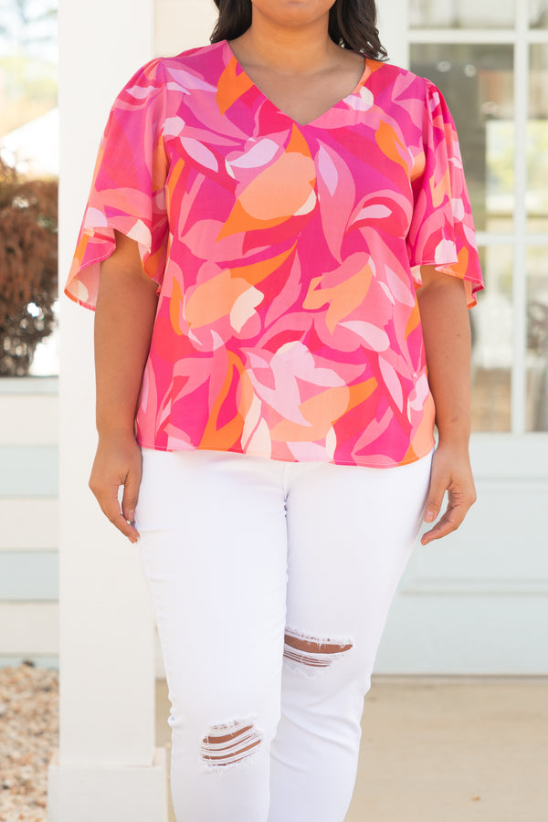 Chic Soul plus size clothing, pink multicolor abstract pattern top
