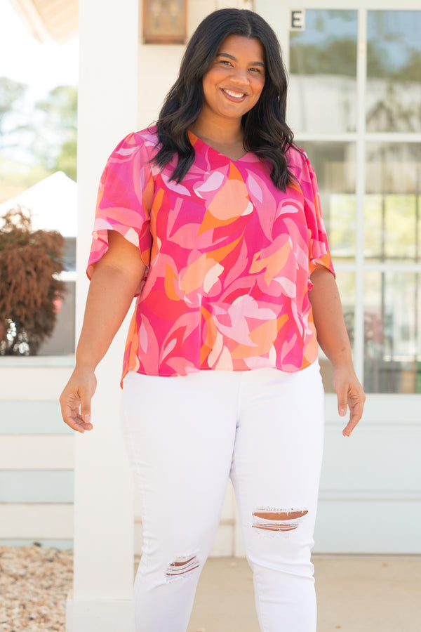 Chic Soul plus size clothing, pink multicolor abstract pattern top