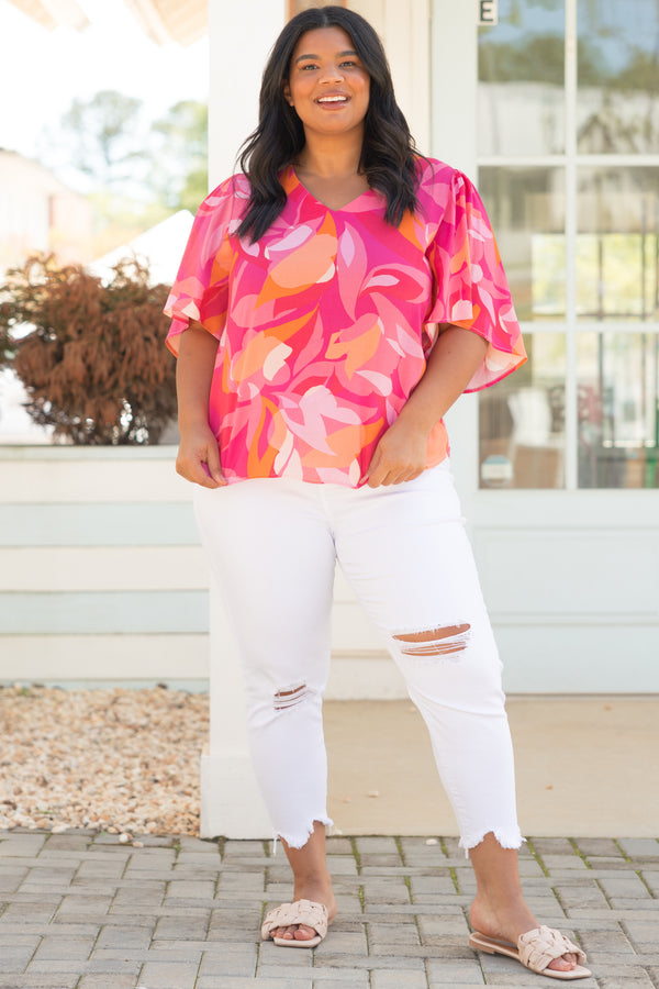 Chic Soul plus size clothing, pink multicolor abstract pattern top