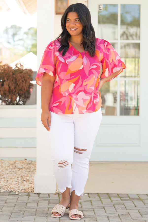Chic Soul plus size clothing, pink multicolor abstract pattern top