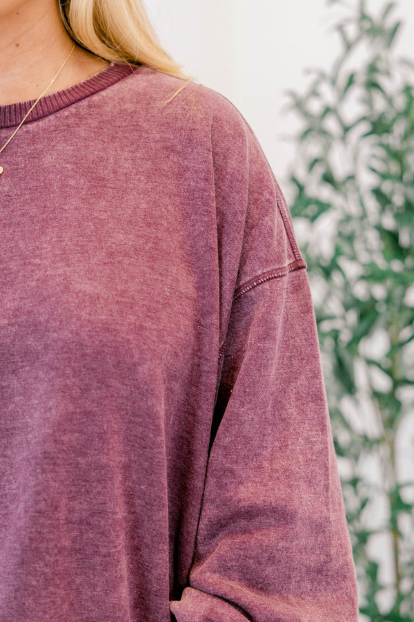 Chic Soul plus size clothing, eggplant purple long sleeve crewneck pullover with band at the wrists and bottom of pullover