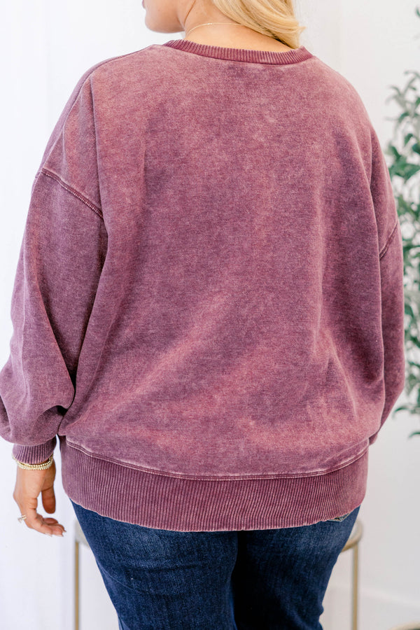 Chic Soul plus size clothing, eggplant purple long sleeve crewneck pullover with band at the wrists and bottom of pullover