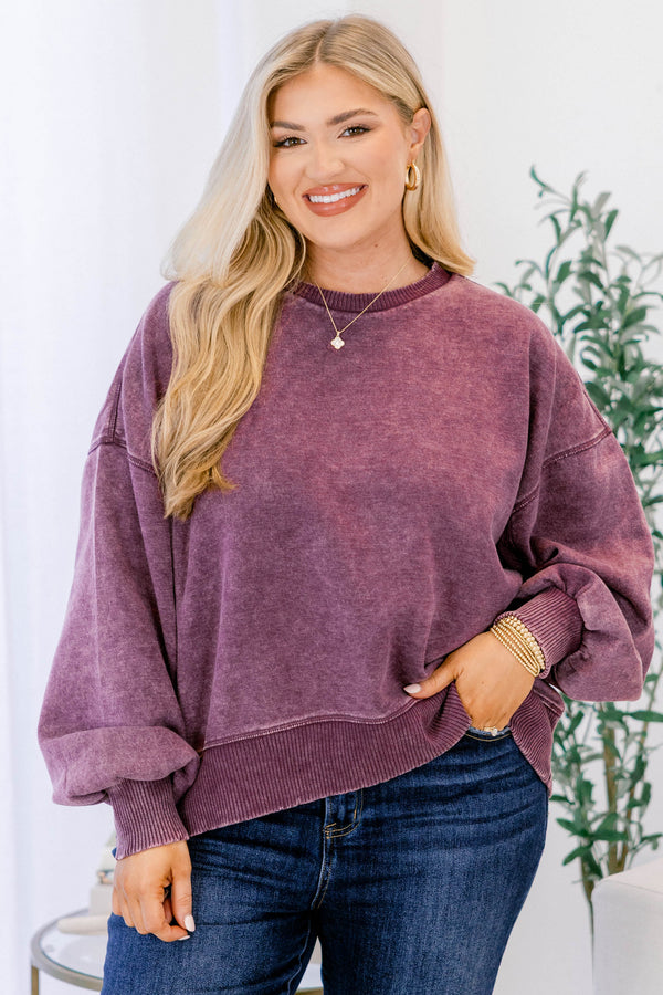 Chic Soul plus size clothing, eggplant purple long sleeve crewneck pullover with band at the wrists and bottom of pullover