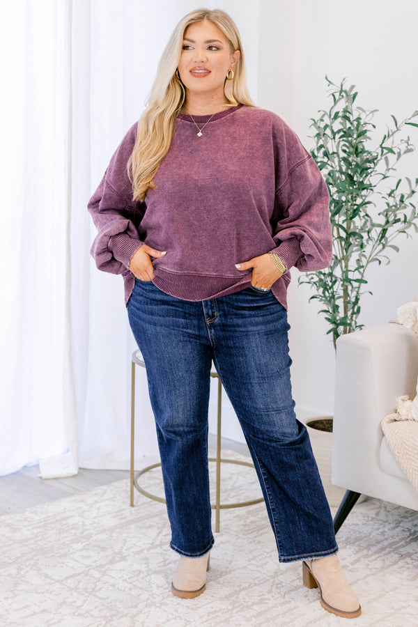 Chic Soul plus size clothing, eggplant purple long sleeve crewneck pullover with band at the wrists and bottom of pullover