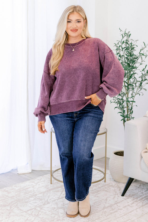 Chic Soul plus size clothing, eggplant purple long sleeve crewneck pullover with band at the wrists and bottom of pullover