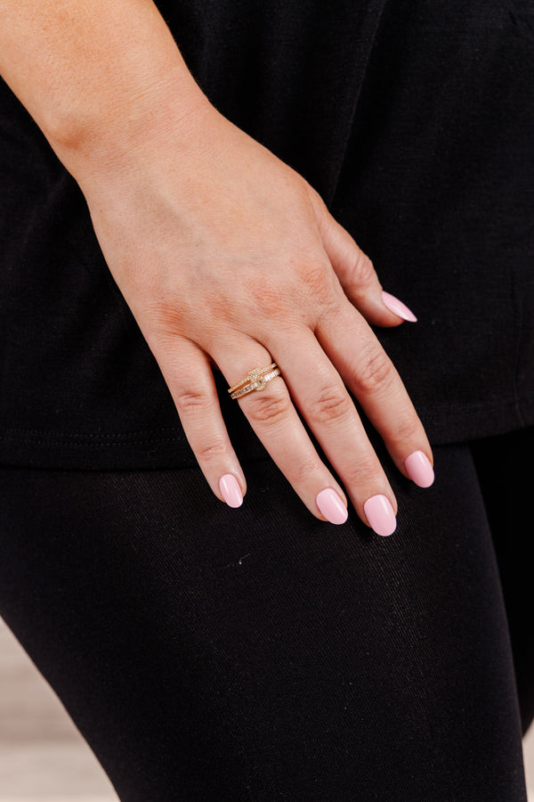 Chic Soul plus size clothing, gold tone double stacked ring covered in crystals