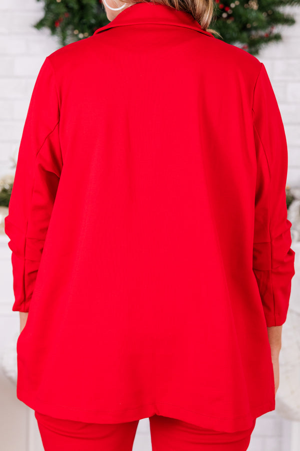 Chic Soul plus size clothing, red three quarter length sleeve blazer with structured collar detail and scrunch detail on elbows of sleeves