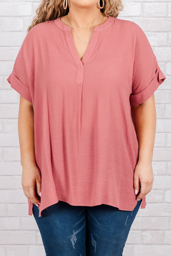 Chic Soul plus size clothing, short sleeve marsala pink top with v neck and cuffed sleeves