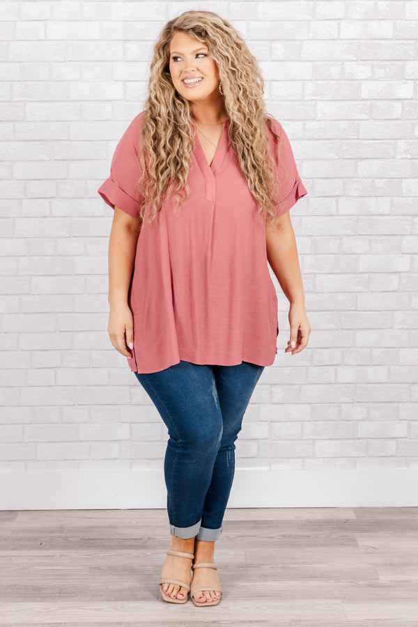 Chic Soul plus size clothing, short sleeve marsala pink top with v neck and cuffed sleeves
