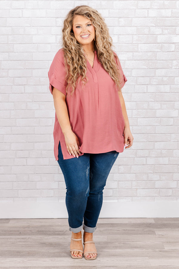 Chic Soul plus size clothing, short sleeve marsala pink top with v neck and cuffed sleeves