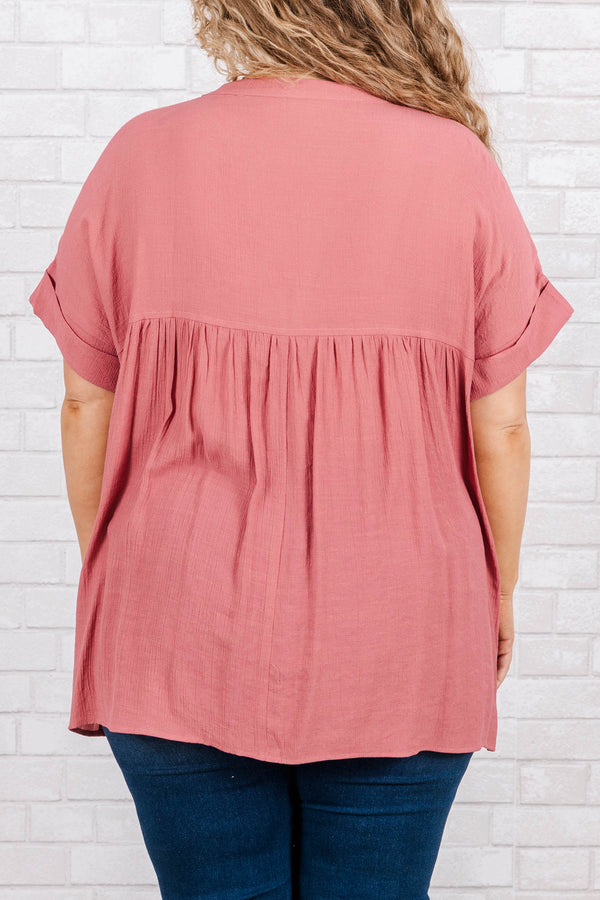 Chic Soul plus size clothing, short sleeve marsala pink top with v neck and cuffed sleeves