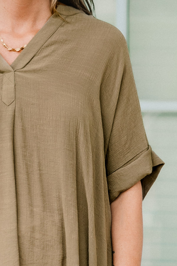 Chic Soul plus size clothing, olive short sleeve flowy top with cuff sleeves and v neckline