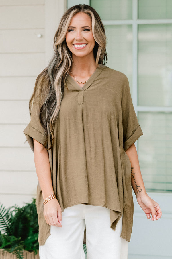 Chic Soul plus size clothing, olive short sleeve flowy top with cuff sleeves and v neckline