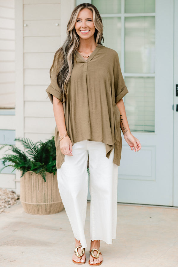 Chic Soul plus size clothing, olive short sleeve flowy top with cuff sleeves and v neckline