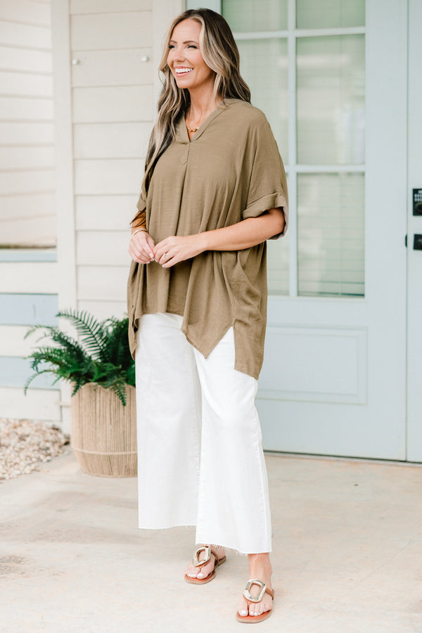 Chic Soul plus size clothing, olive short sleeve flowy top with cuff sleeves and v neckline