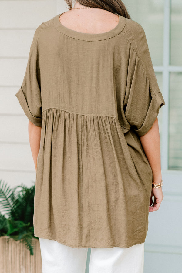 Chic Soul plus size clothing, olive short sleeve flowy top with cuff sleeves and v neckline