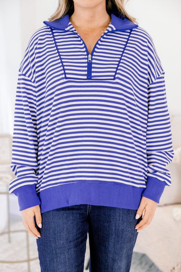 Chic Soul plus size clothing, royal blue and white horizontal stripe 1/4 zip sweater with thick blue trim and oversized collar