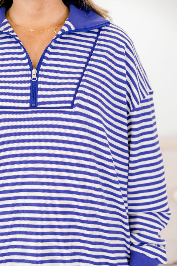 Chic Soul plus size clothing, royal blue and white horizontal stripe 1/4 zip sweater with thick blue trim and oversized collar