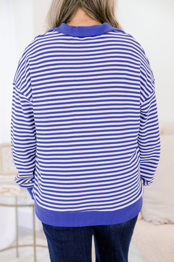 Chic Soul plus size clothing, royal blue and white horizontal stripe 1/4 zip sweater with thick blue trim and oversized collar