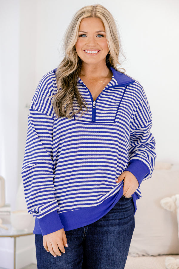 Chic Soul plus size clothing, royal blue and white horizontal stripe 1/4 zip sweater with thick blue trim and oversized collar