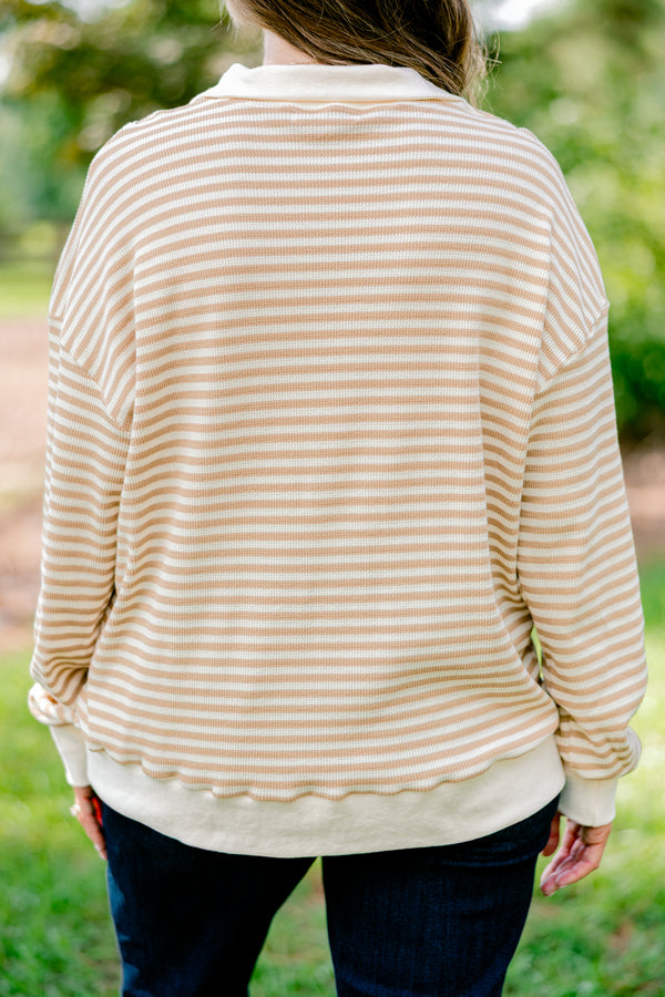 Chic Soul plus size clothing, tan and cream horizontal striped 1/4 zip pullover with a collar 