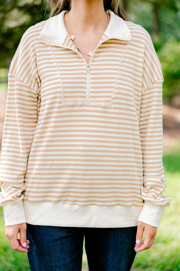 Chic Soul plus size clothing, tan and cream horizontal striped 1/4 zip pullover with a collar 