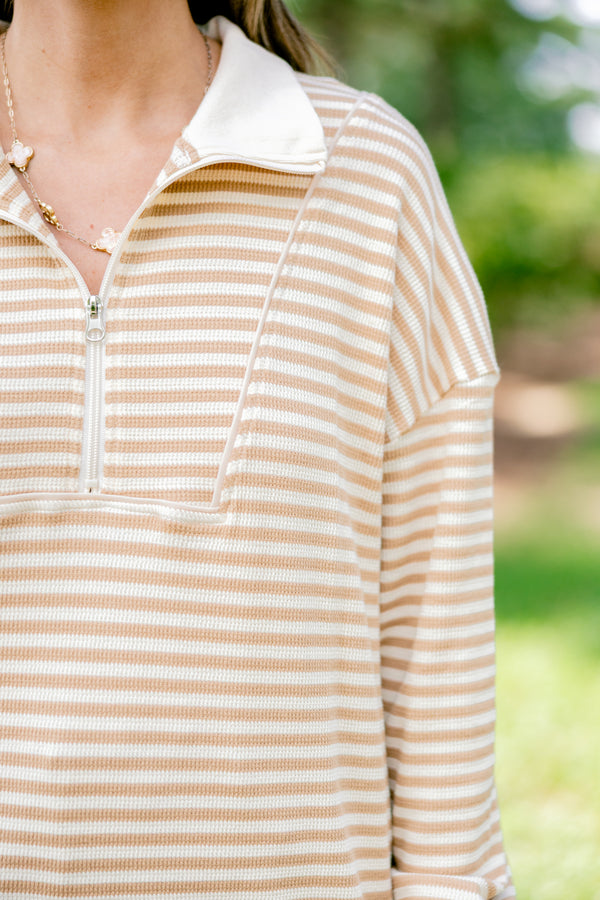 Chic Soul plus size clothing, tan and cream horizontal striped 1/4 zip pullover with a collar 