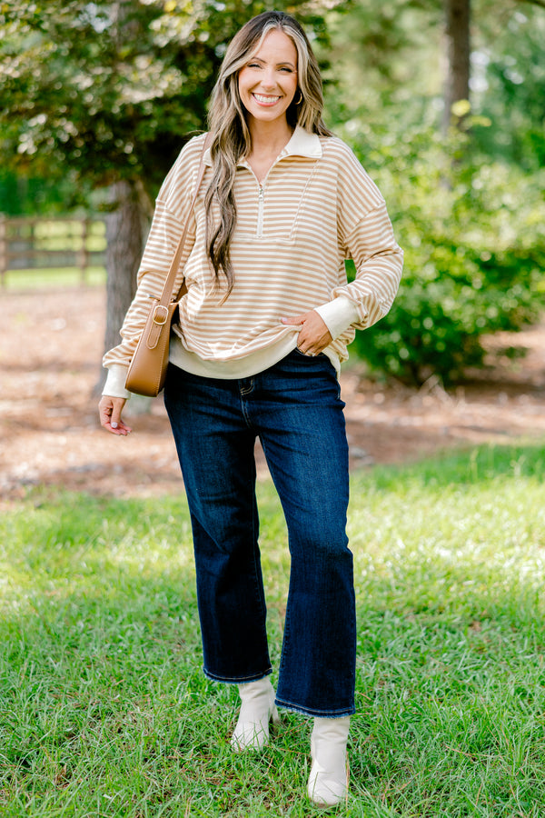 Chic Soul plus size clothing, tan and cream horizontal striped 1/4 zip pullover with a collar 