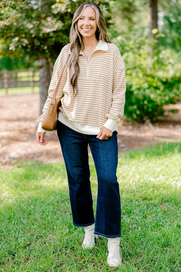 Chic Soul plus size clothing, tan and cream horizontal striped 1/4 zip pullover with a collar 